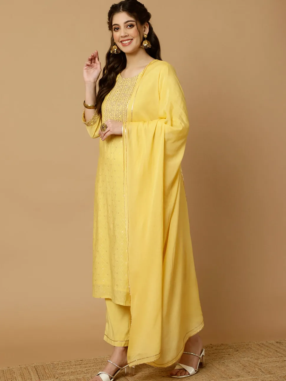 Jaipur Kurti Mirror Work Chanderi Straight Kurta With Pants And Dupatta