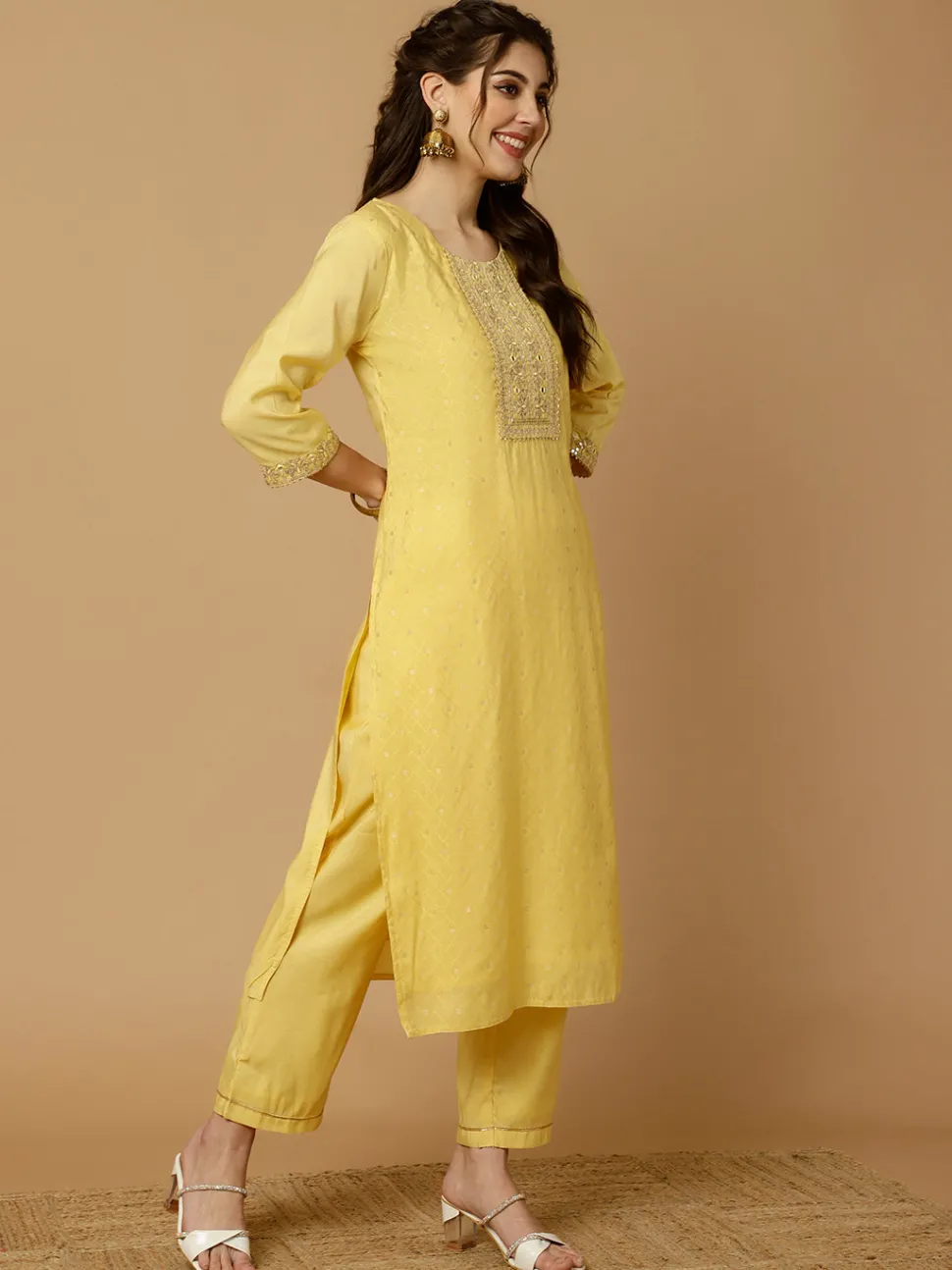 Jaipur Kurti Mirror Work Chanderi Straight Kurta With Pants And Dupatta