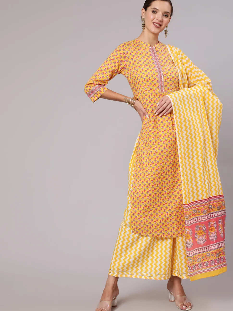 Jaipur Kurti Yellow Straight Ethnic Printed Gota Embellished Kurta With Printed Palazzo And Dupatta