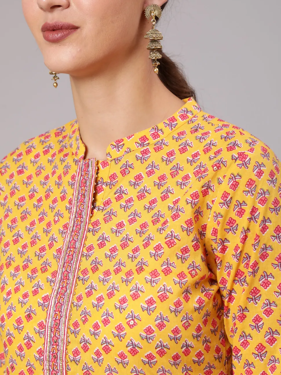 Jaipur Kurti Yellow Straight Ethnic Printed Gota Embellished Kurta With Printed Palazzo And Dupatta