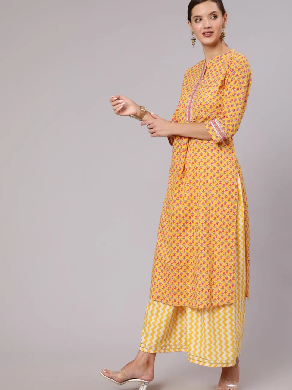 Jaipur Kurti Yellow Straight Ethnic Printed Gota Embellished Kurta With Printed Palazzo And Dupatta
