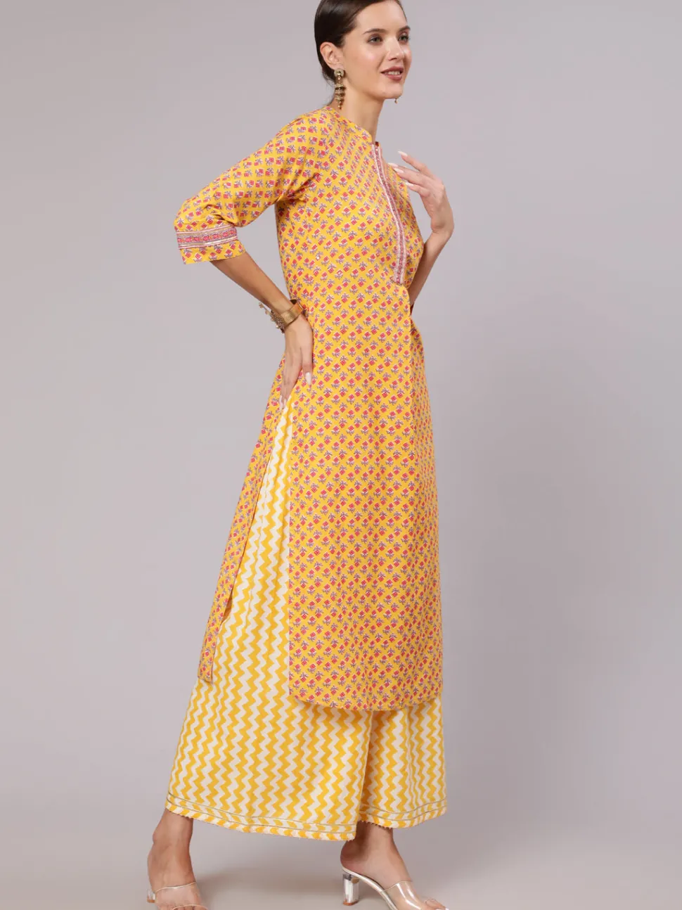 Jaipur Kurti Yellow Straight Ethnic Printed Gota Embellished Kurta With Printed Palazzo And Dupatta