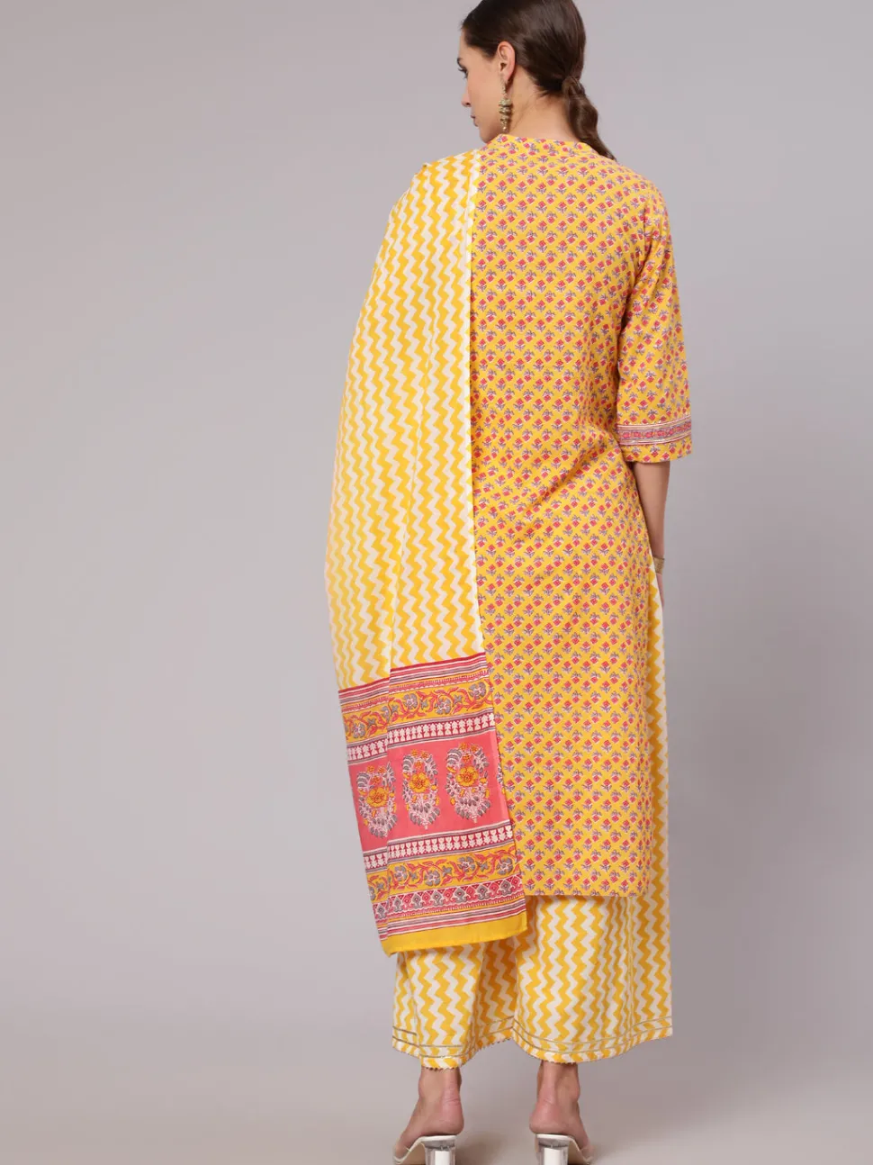 Jaipur Kurti Yellow Straight Ethnic Printed Gota Embellished Kurta With Printed Palazzo And Dupatta