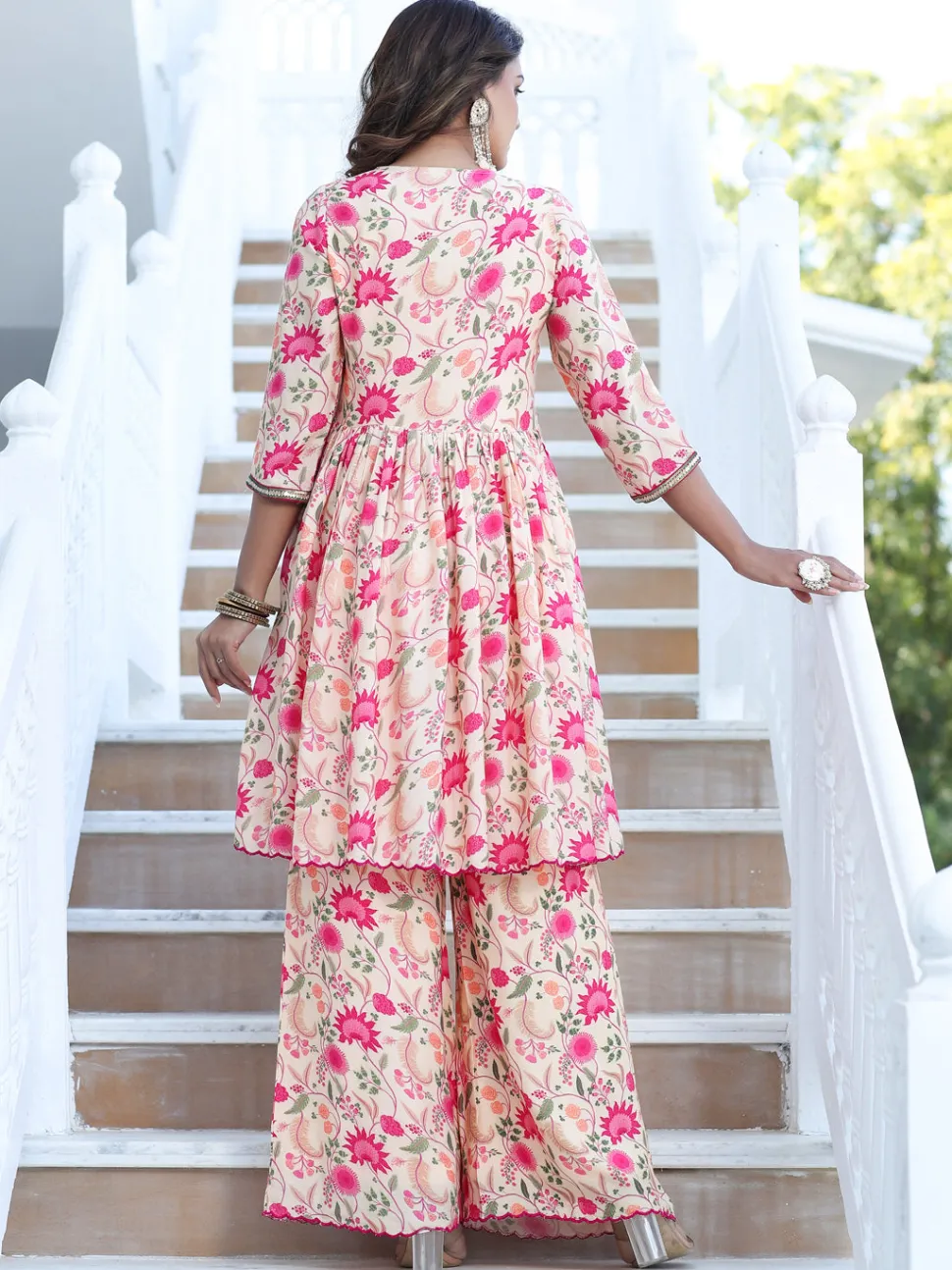 Jaipur Kurti Zardozi Embroidered Peach Silk Floral Printed Flared Kurta With Palazzo
