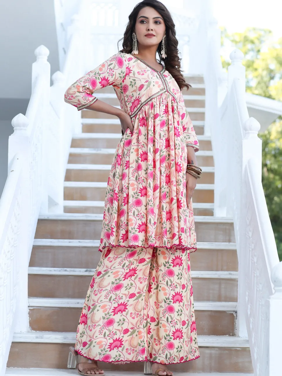 Jaipur Kurti Zardozi Embroidered Peach Silk Floral Printed Flared Kurta With Palazzo