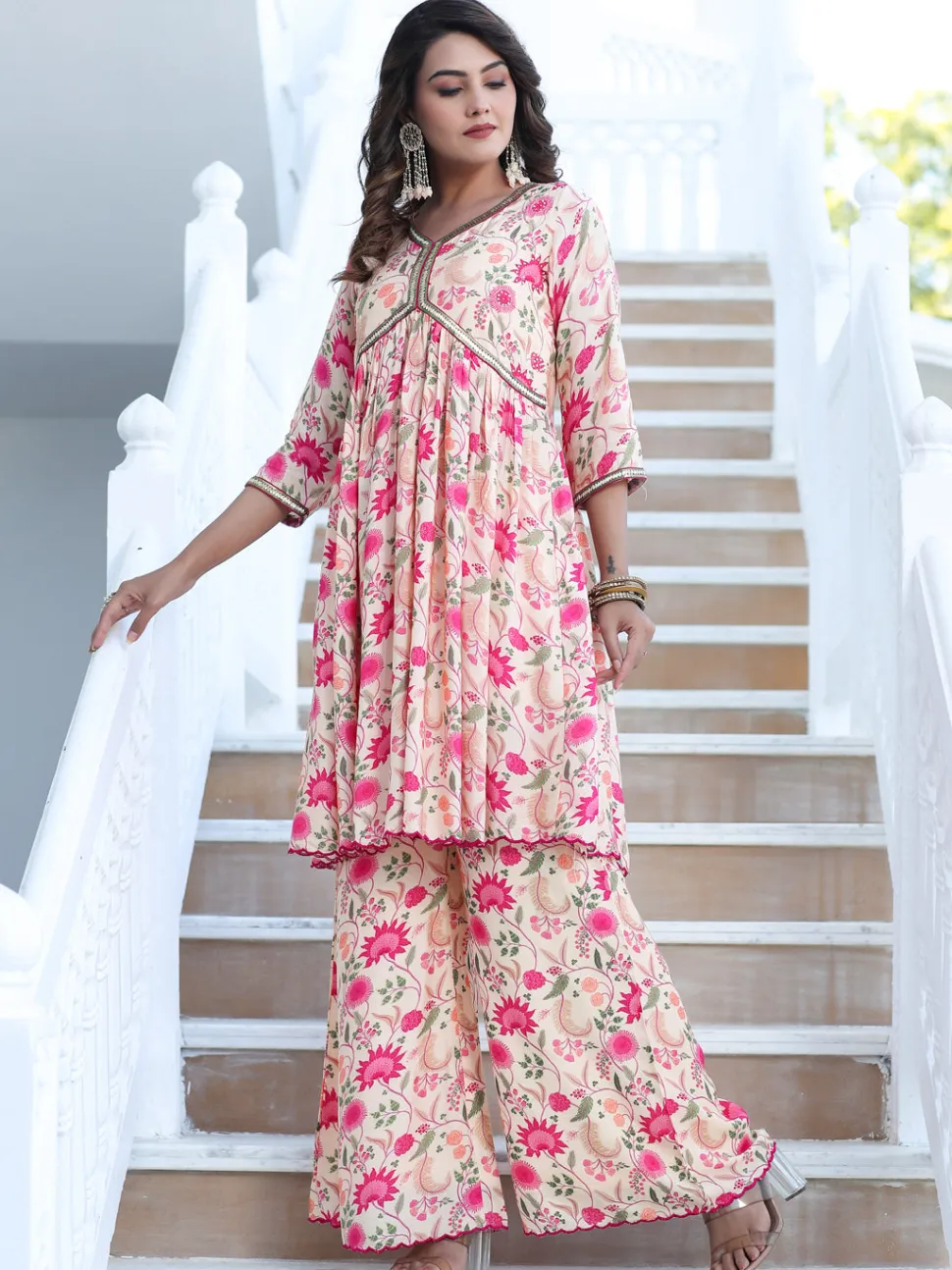 Jaipur Kurti Zardozi Embroidered Peach Silk Floral Printed Flared Kurta With Palazzo