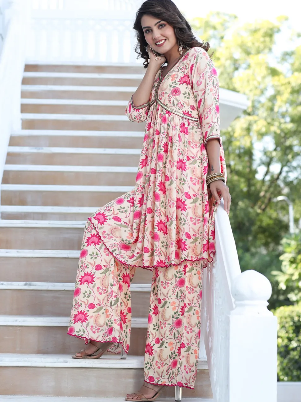 Jaipur Kurti Zardozi Embroidered Peach Silk Floral Printed Flared Kurta With Palazzo