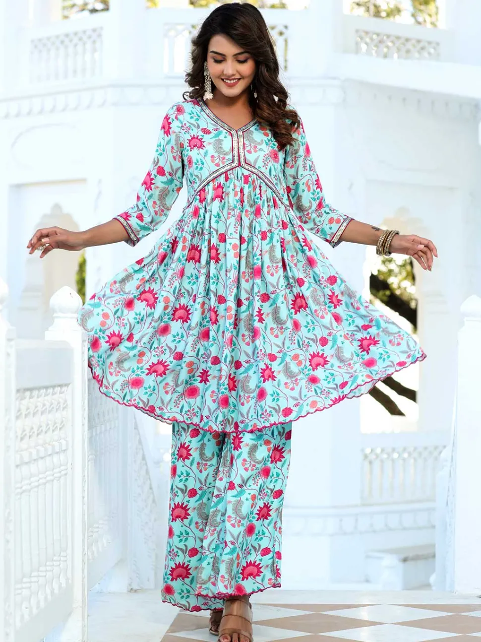 Jaipur Kurti Zardozi Embroidered Silk Floral Printed Flared Kurta With Palazzo