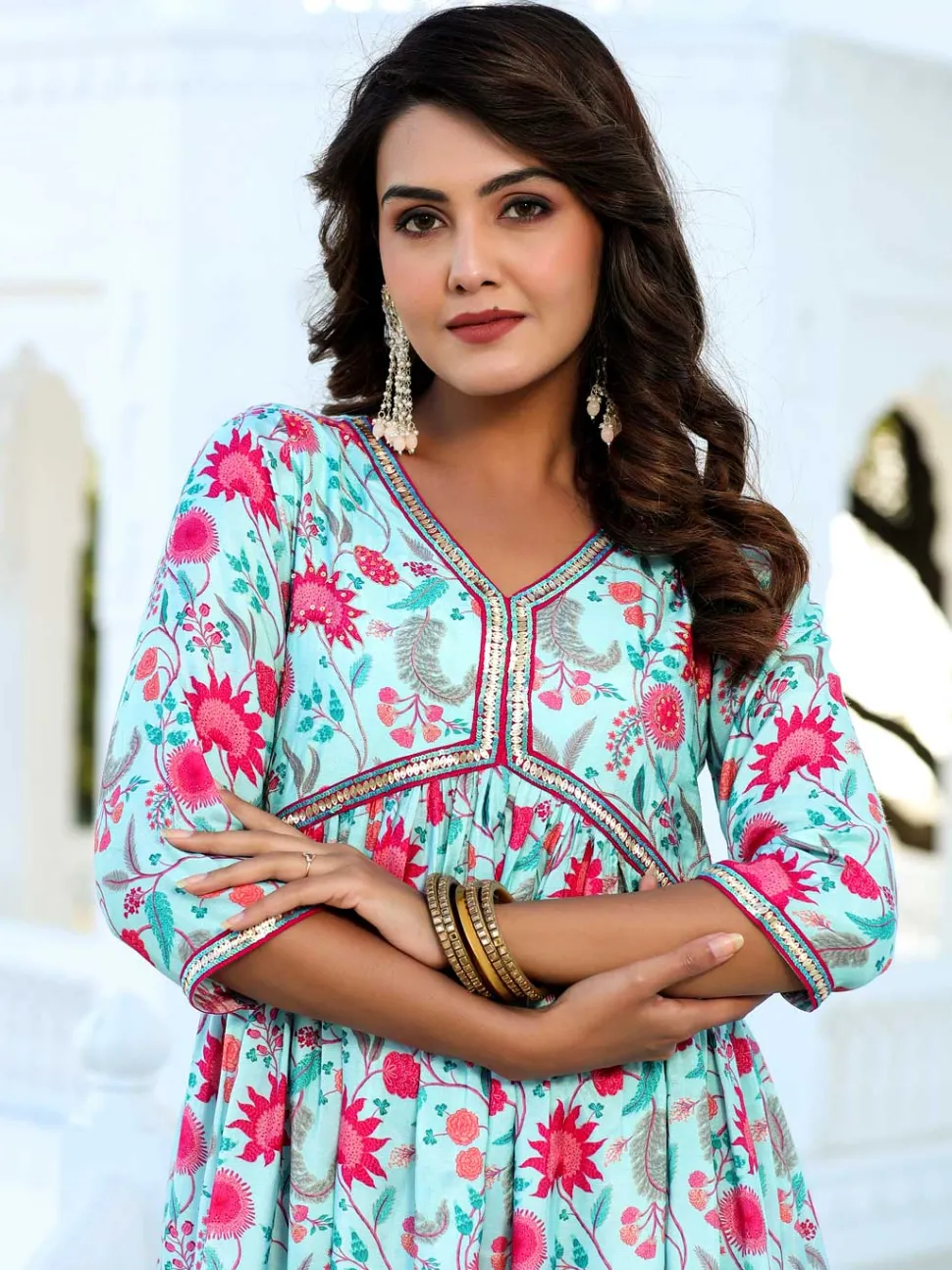 Jaipur Kurti Zardozi Embroidered Silk Floral Printed Flared Kurta With Palazzo
