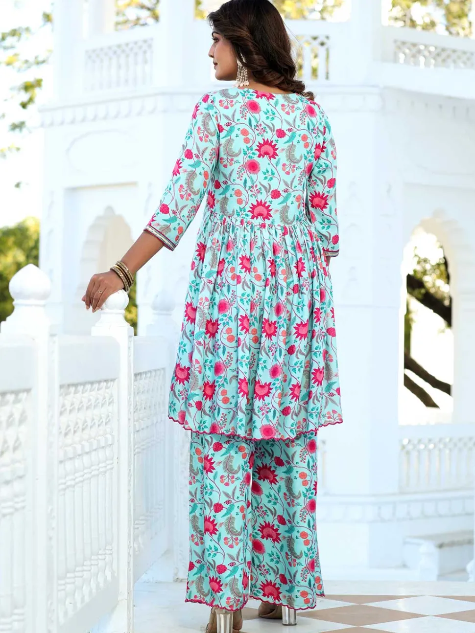 Jaipur Kurti Zardozi Embroidered Silk Floral Printed Flared Kurta With Palazzo