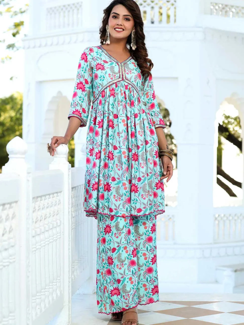 Jaipur Kurti Zardozi Embroidered Silk Floral Printed Flared Kurta With Palazzo