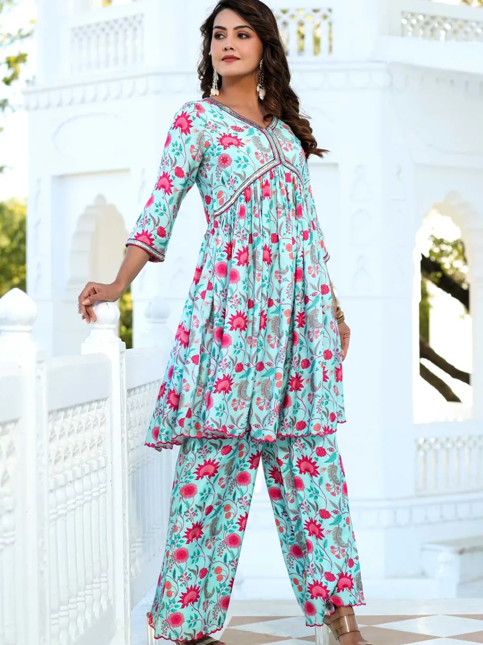 Jaipur Kurti Zardozi Embroidered Silk Floral Printed Flared Kurta With Palazzo
