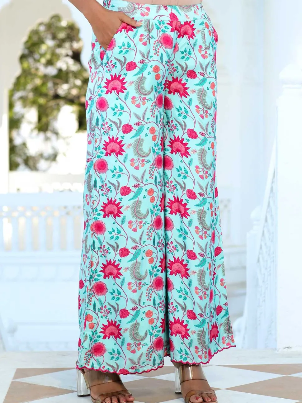 Jaipur Kurti Zardozi Embroidered Silk Floral Printed Flared Kurta With Palazzo
