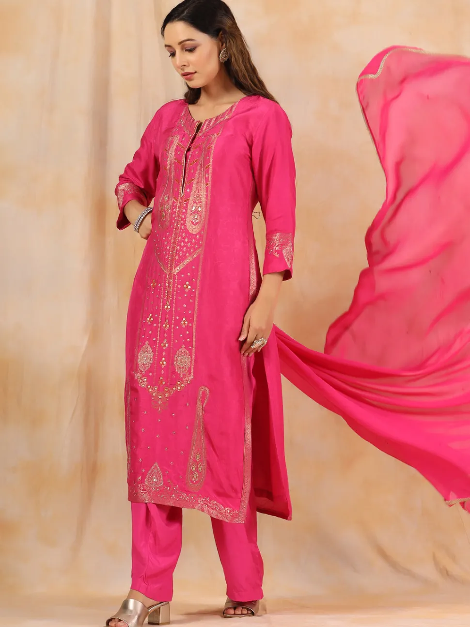Jaipur Kurti Zardozi Embroidered Silk Hot PinkStraight Kurta With Palazzo And Dupatta