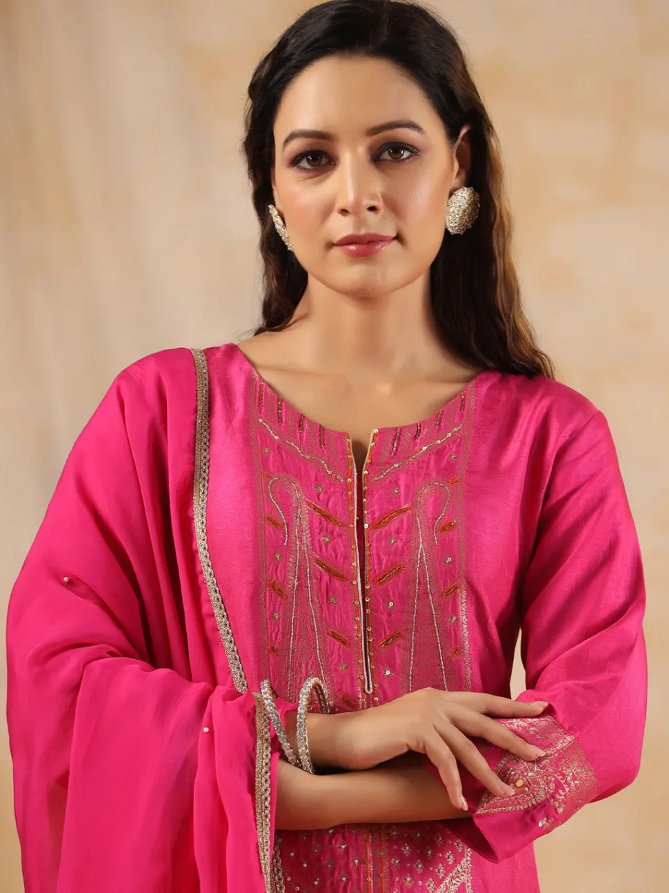 Jaipur Kurti Zardozi Embroidered Silk Hot PinkStraight Kurta With Palazzo And Dupatta