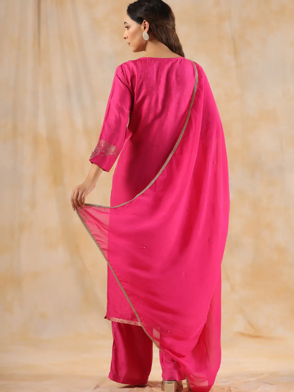 Jaipur Kurti Zardozi Embroidered Silk Hot PinkStraight Kurta With Palazzo And Dupatta