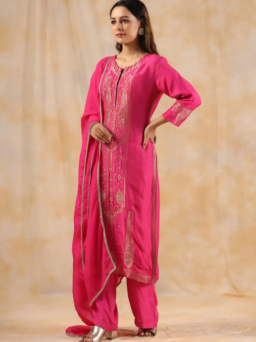 Jaipur Kurti Zardozi Embroidered Silk Hot PinkStraight Kurta With Palazzo And Dupatta