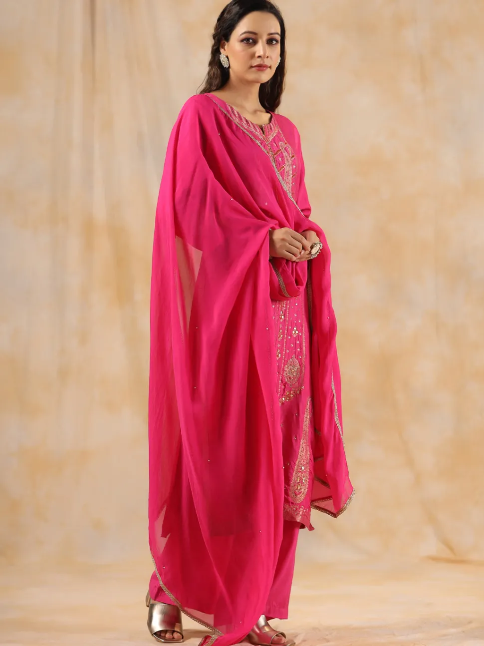 Jaipur Kurti Zardozi Embroidered Silk Hot PinkStraight Kurta With Palazzo And Dupatta