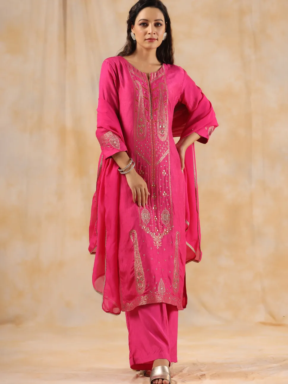 Jaipur Kurti Zardozi Embroidered Silk Hot PinkStraight Kurta With Palazzo And Dupatta