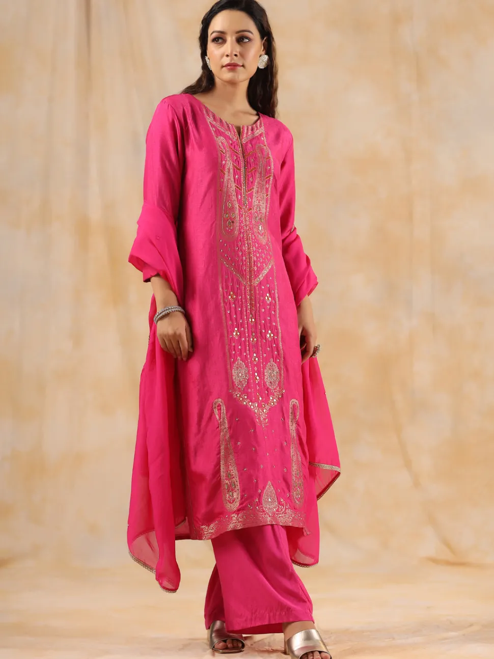 Jaipur Kurti Zardozi Embroidered Silk Hot PinkStraight Kurta With Palazzo And Dupatta